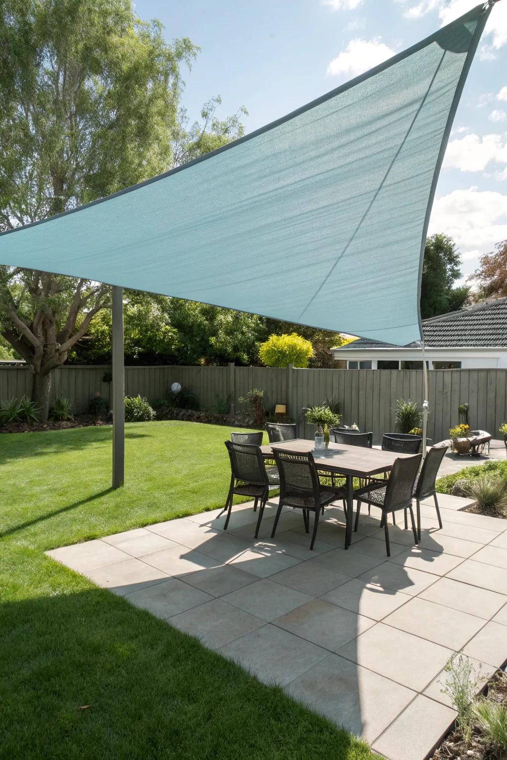 A shade sail offers a sleek, modern solution for patio coverage.