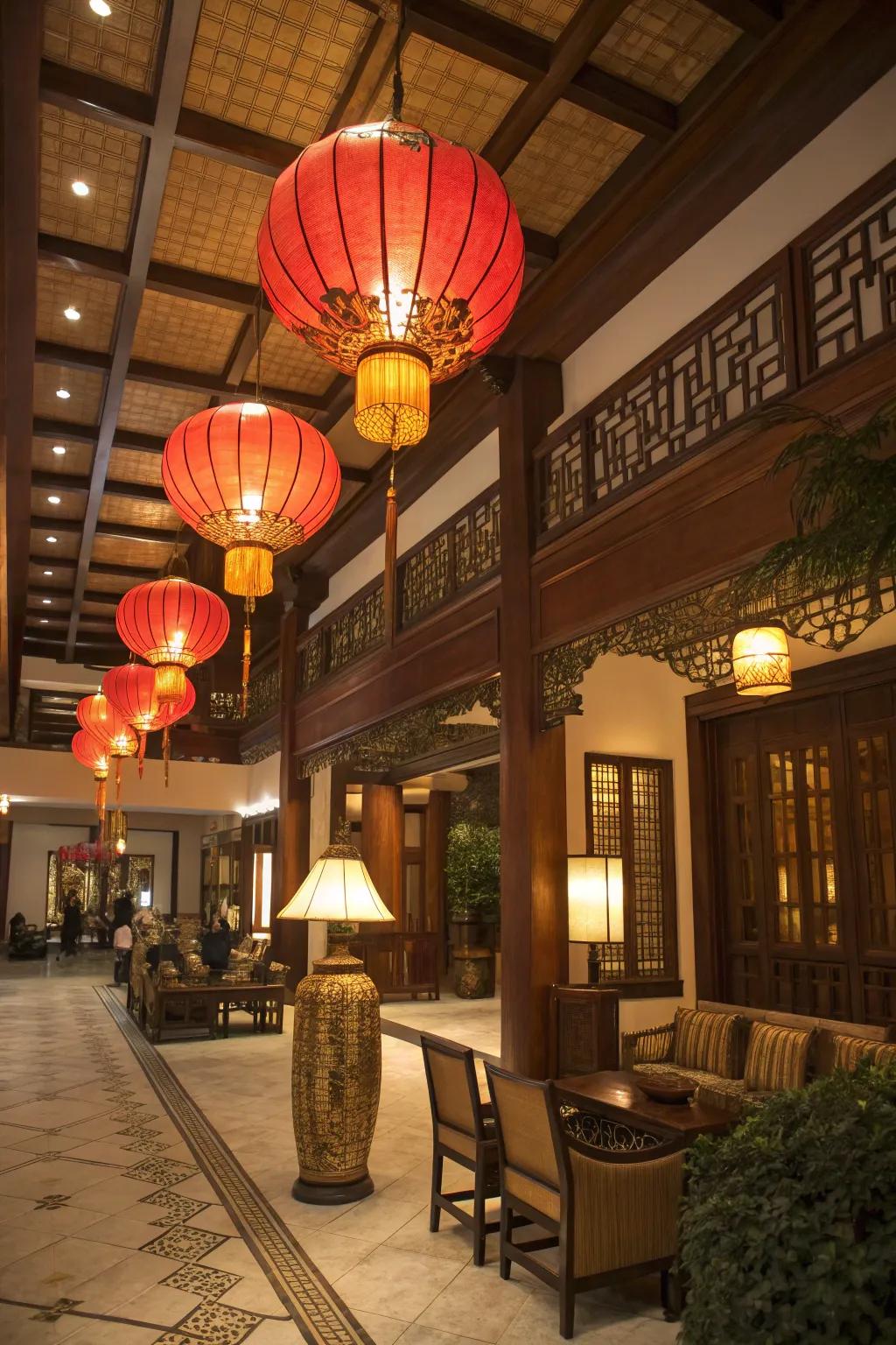 Classic Chinese lanterns emitting a warm glow in the lobby.