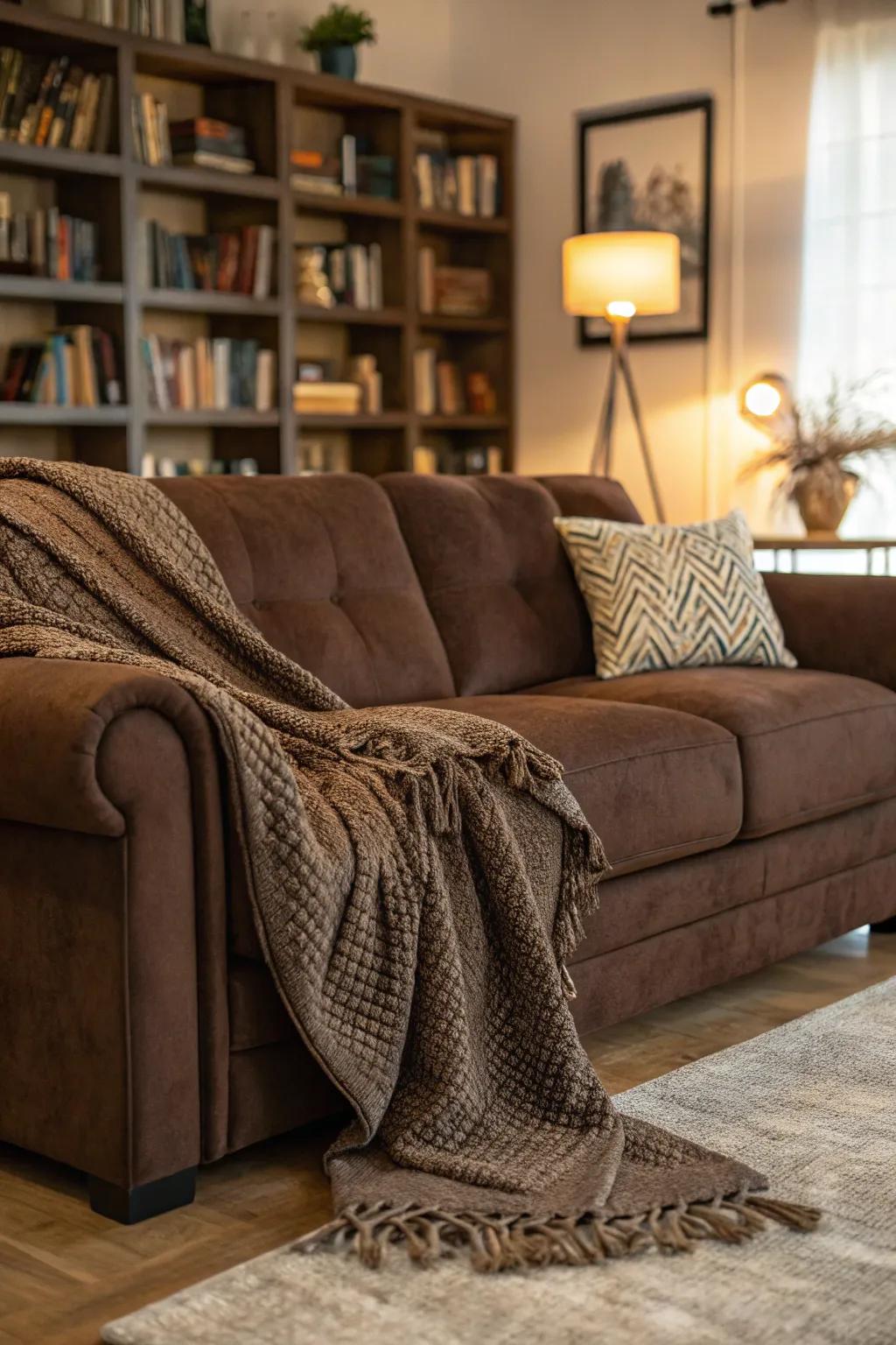 A textured throw blanket adds depth and coziness to a chocolate couch.