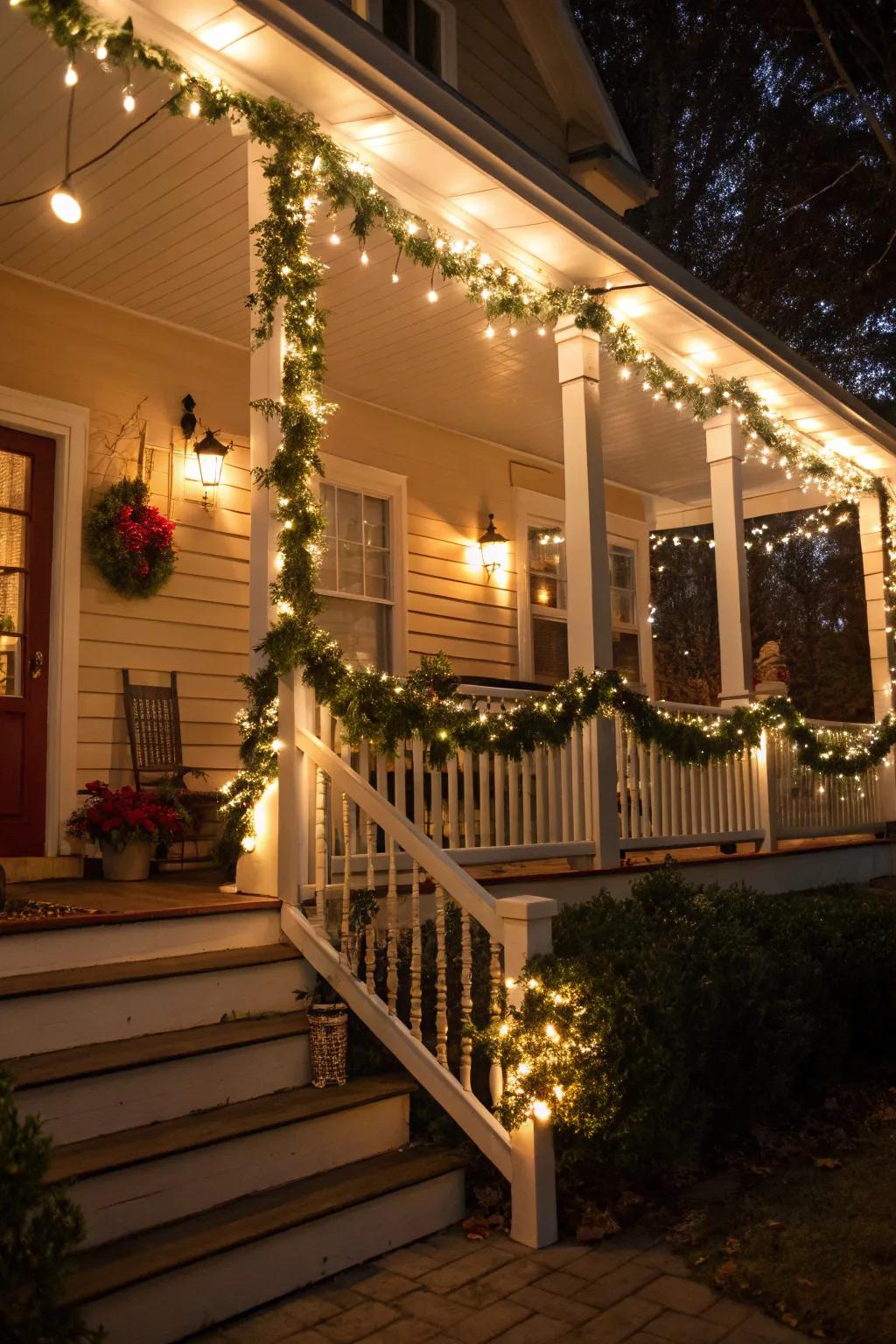 A front porch with garlands and lights creating a festive entrance.