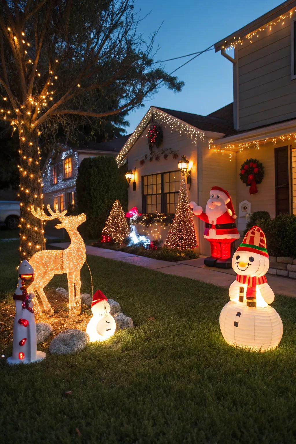 A lawn embellished with captivating Christmas illumination decorations.