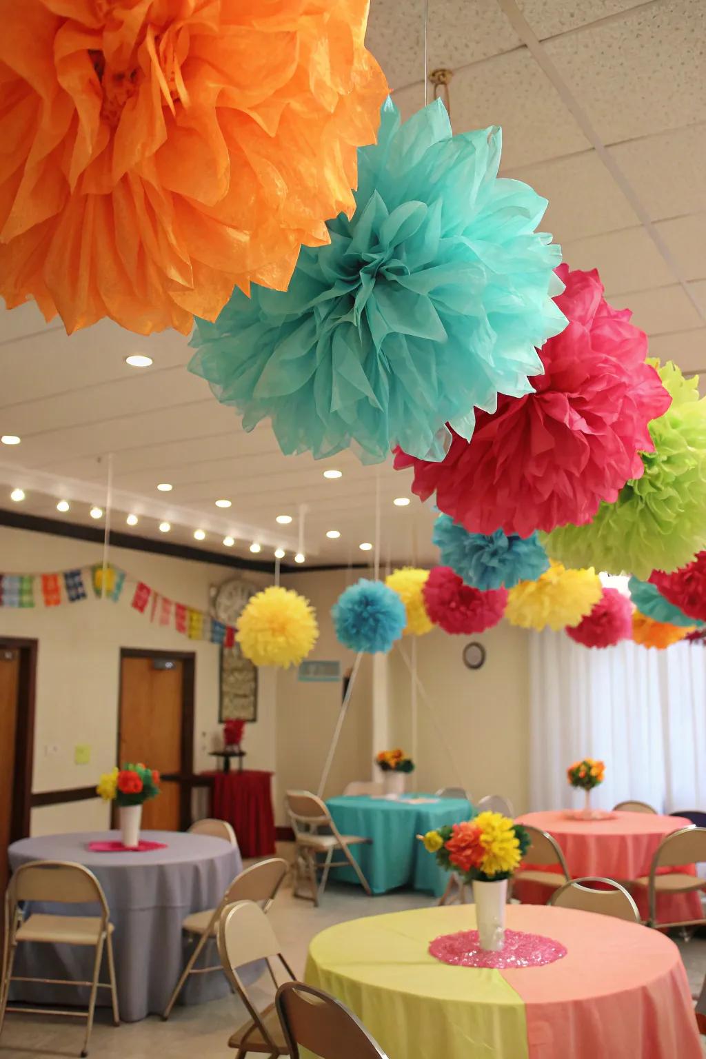 Giant tissue paper flowers bring vibrant colors to your Cinco de Mayo decor.