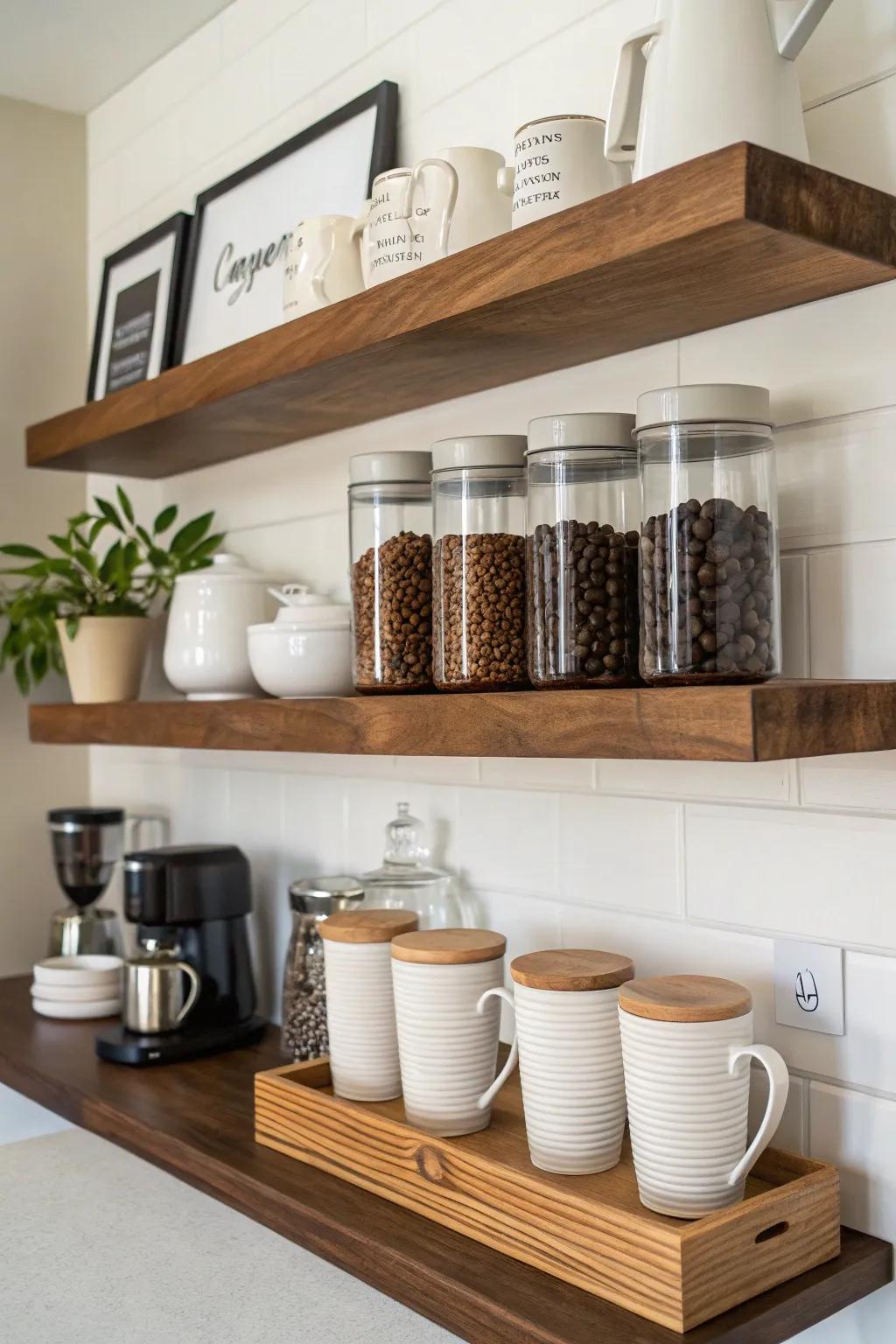 Floating shelves for a functional and decorative display.