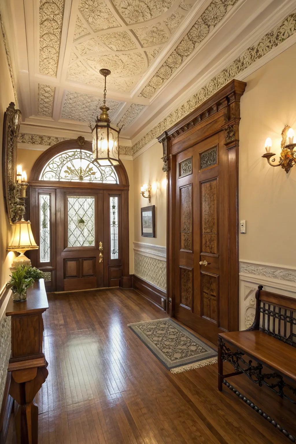 Warm wood floors add coziness to this colonial entryway.