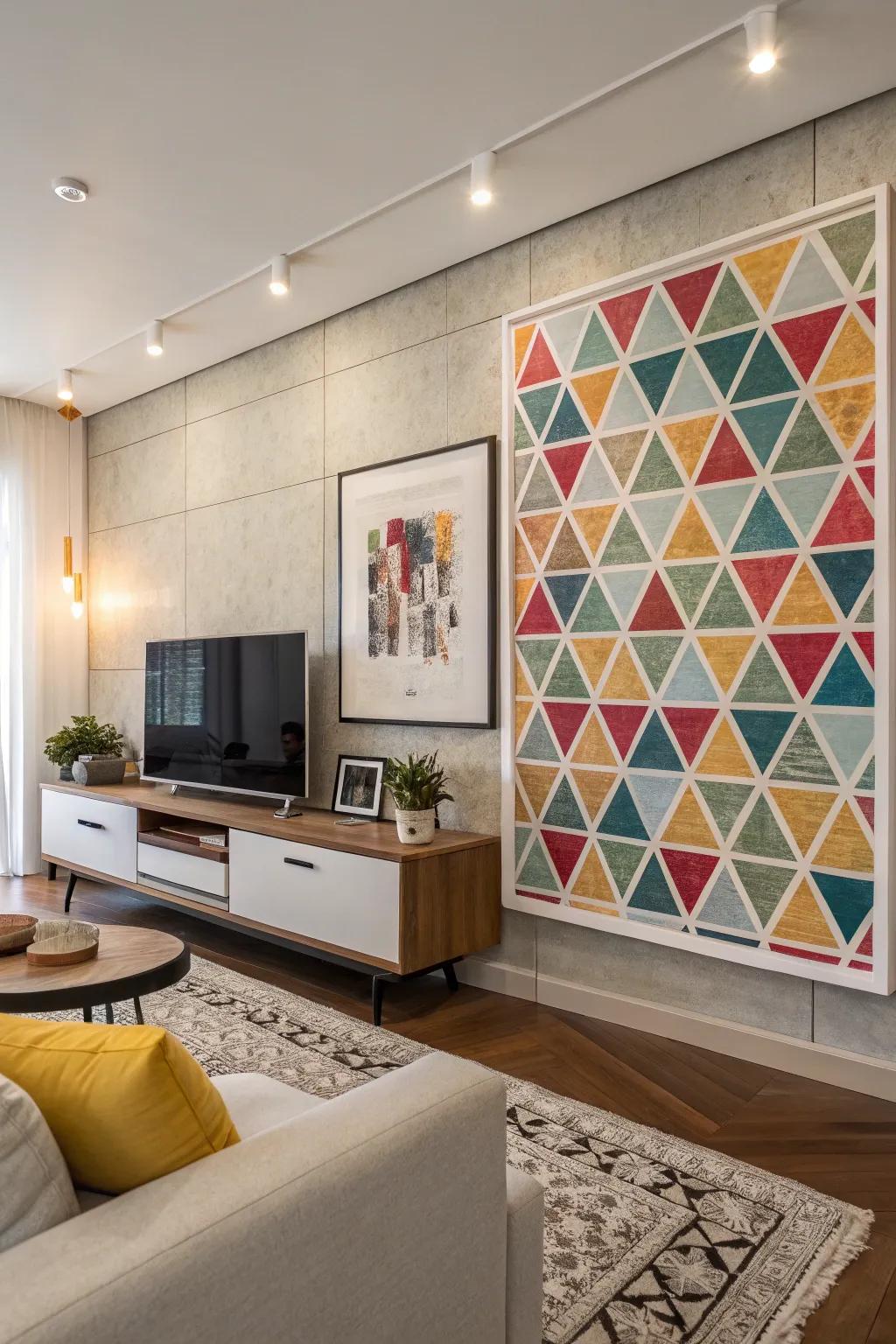 Geometric pattern poster adding modern flair to a living room.