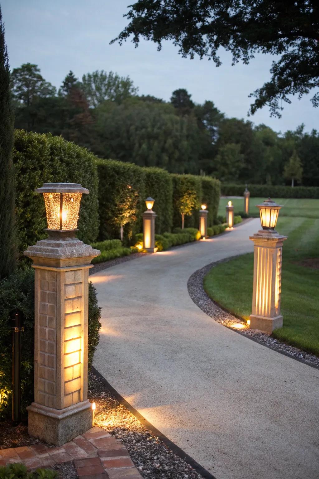 Create a grand entrance with warmly lit columns.