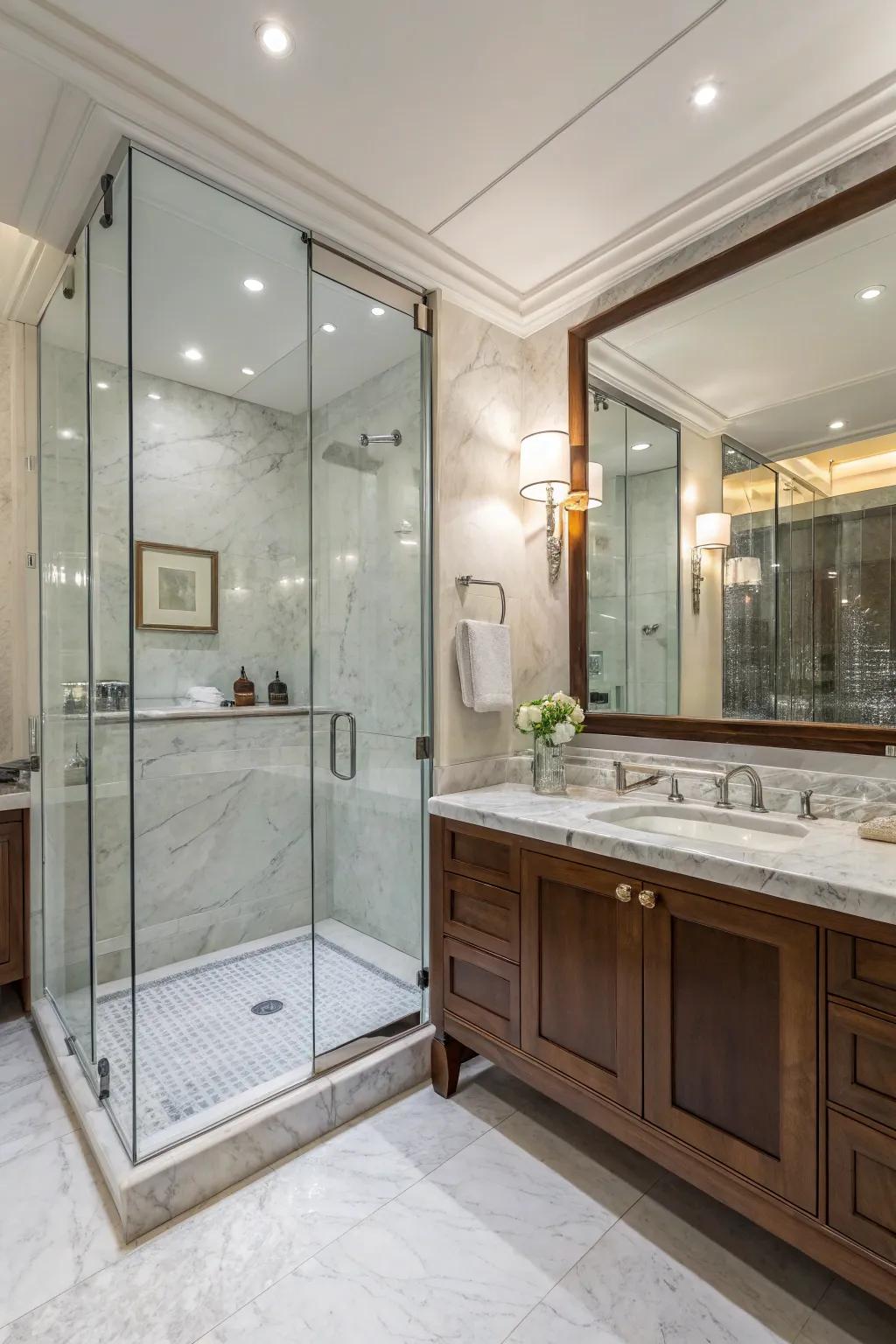 Bathroom featuring modern materials like glass and marble.