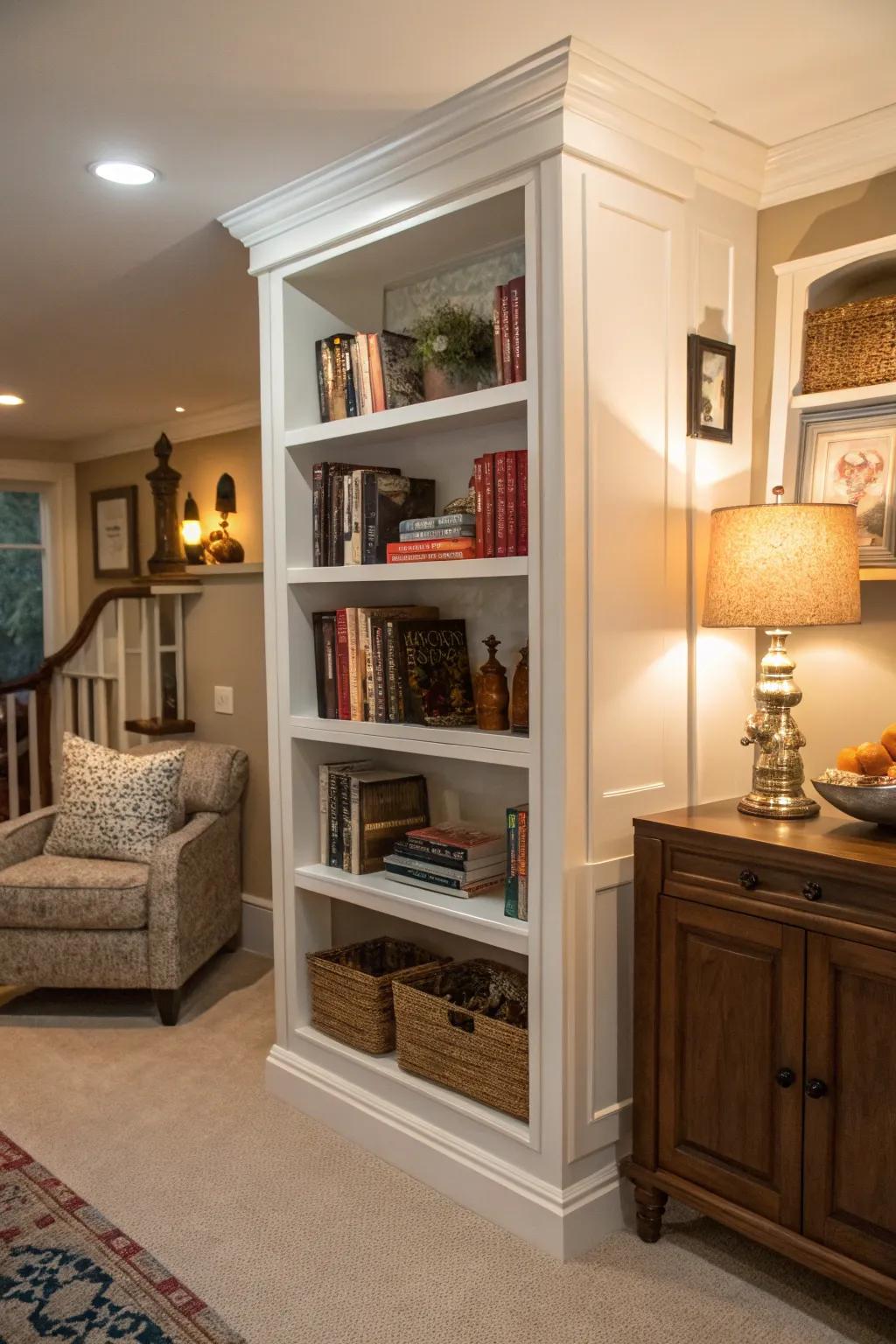 Built-in bookshelves deliver a sleek, personalized aesthetic.