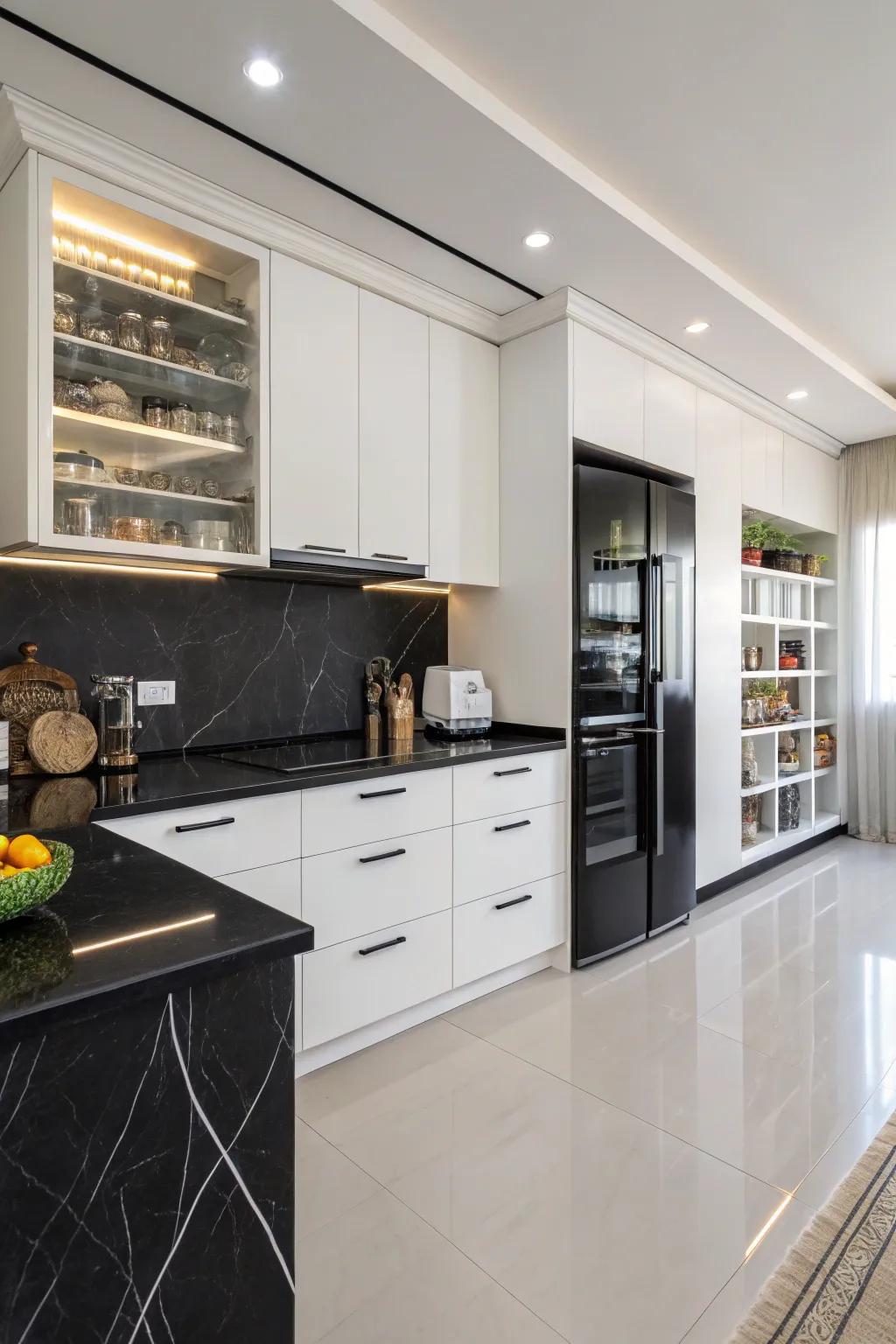 Bold black countertops with contrasting white end caps for a dramatic look.