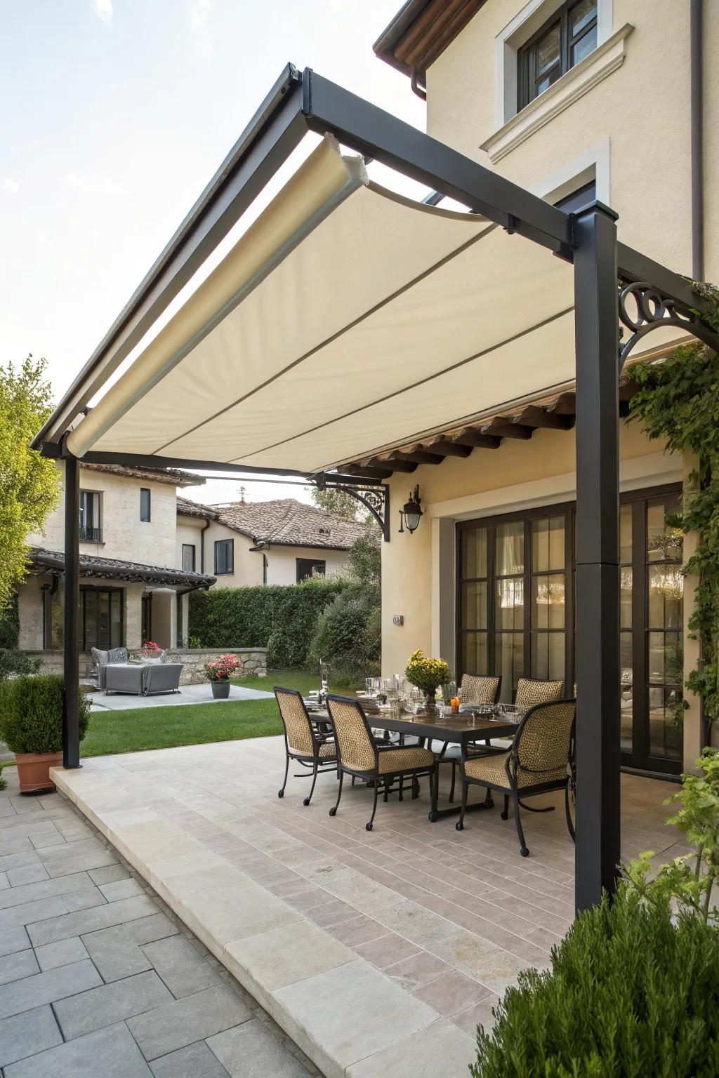 A retractable canopy offering adjustable shade over a charming dining area.