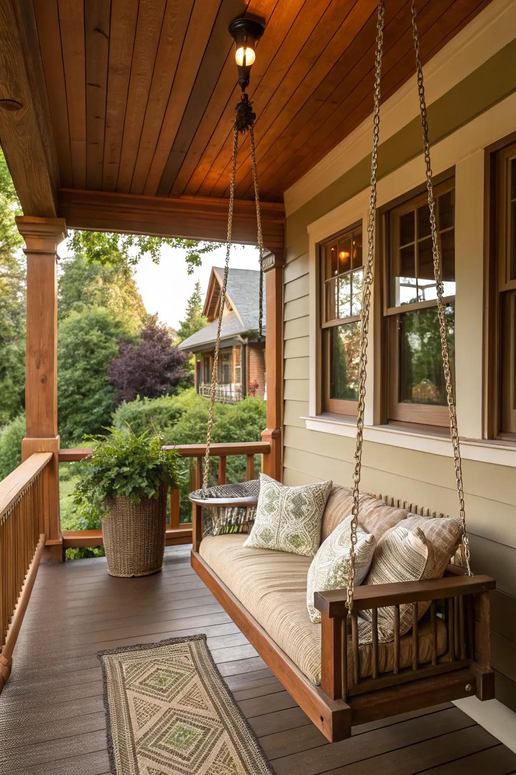 Swinging seat creates an inviting and peaceful porch atmosphere.
