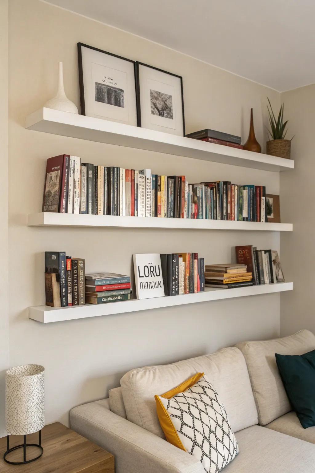 Floating shelves add elegance and functionality to your book display.