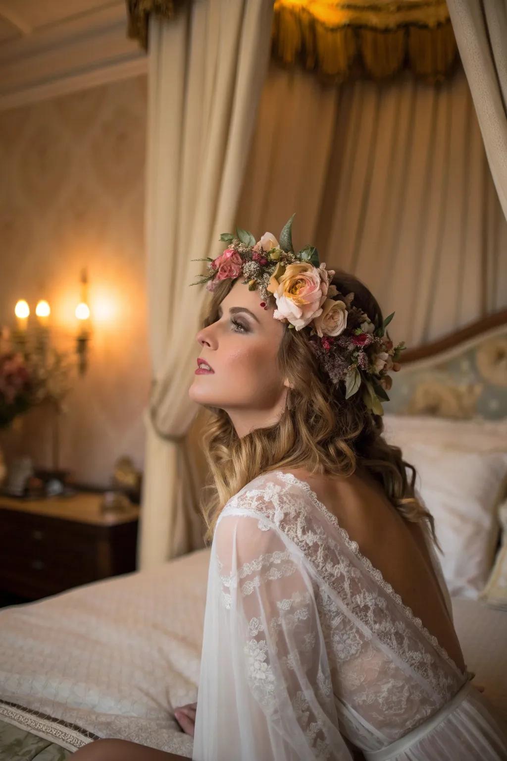 A romantic boudoir scene featuring a floral headpiece.