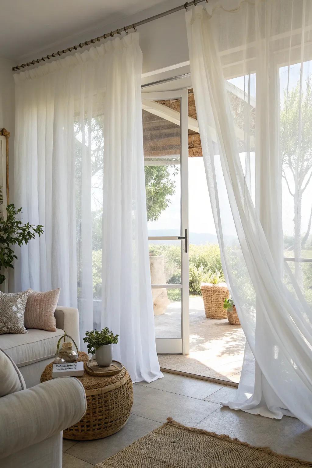 Sheer curtains create an airy and light-filled living room.