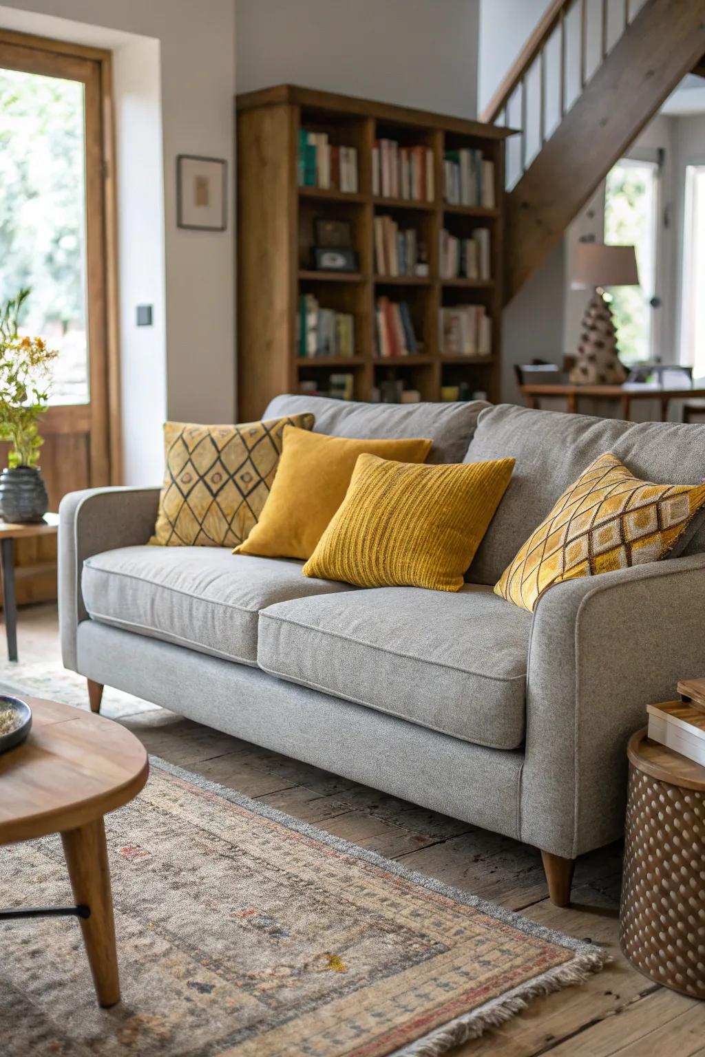 Mustard yellow cushions provide a warm, inviting contrast to a grey sofa.