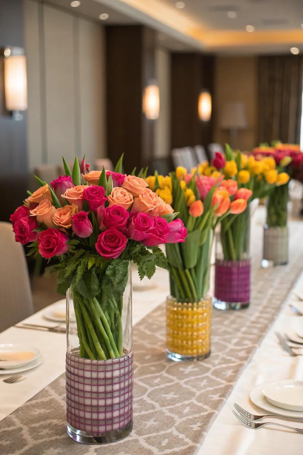 Fresh flowers bring color and fragrance to your centerpiece.