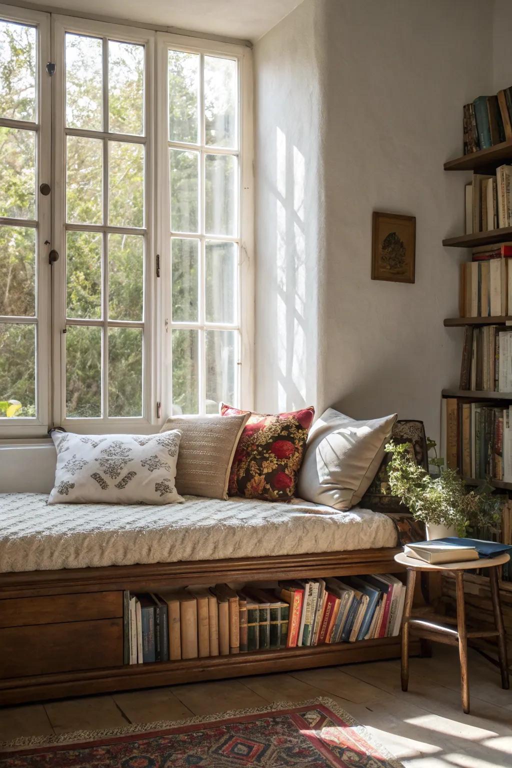 Daybed positioned by the window for a reading nook