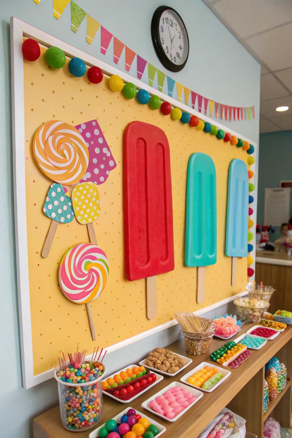 Sweet Summer Treats bulletin board with colorful decorations.