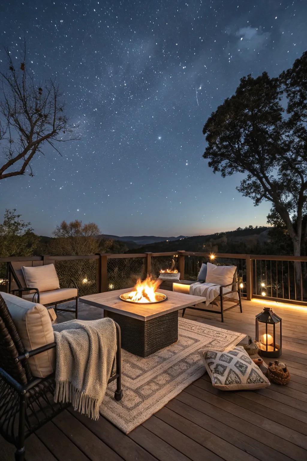A fire pit table acts as a toasty, welcoming focal point for your deck.