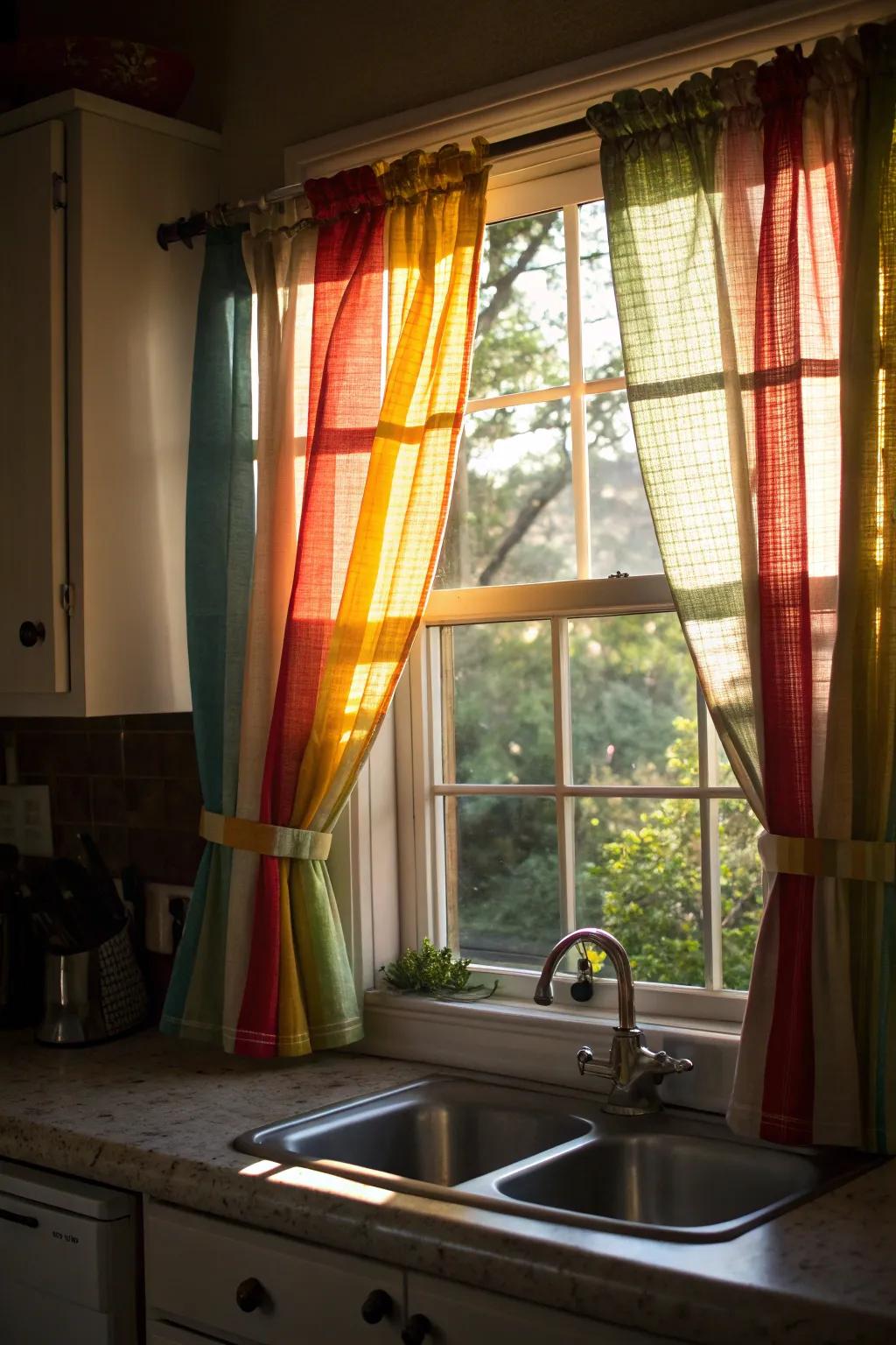 Charming cafe curtains bring color and warmth to the kitchen.