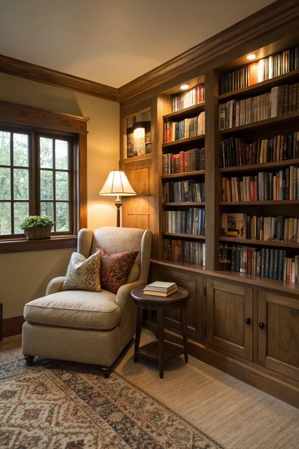 A cozy den with a wall of books and a reading nook.