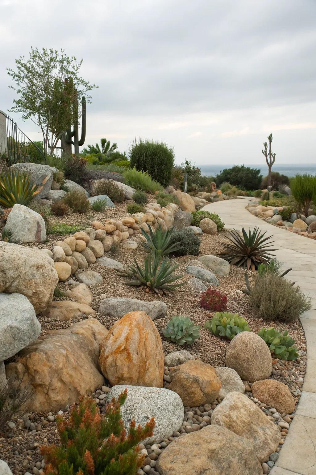A skillfully arranged rock garden harmonizes effortlessly with its desert backdrop.