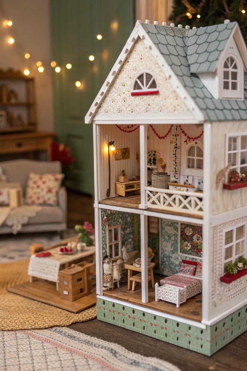 Themed areas inside a dollhouse bring small-scale worlds to life.