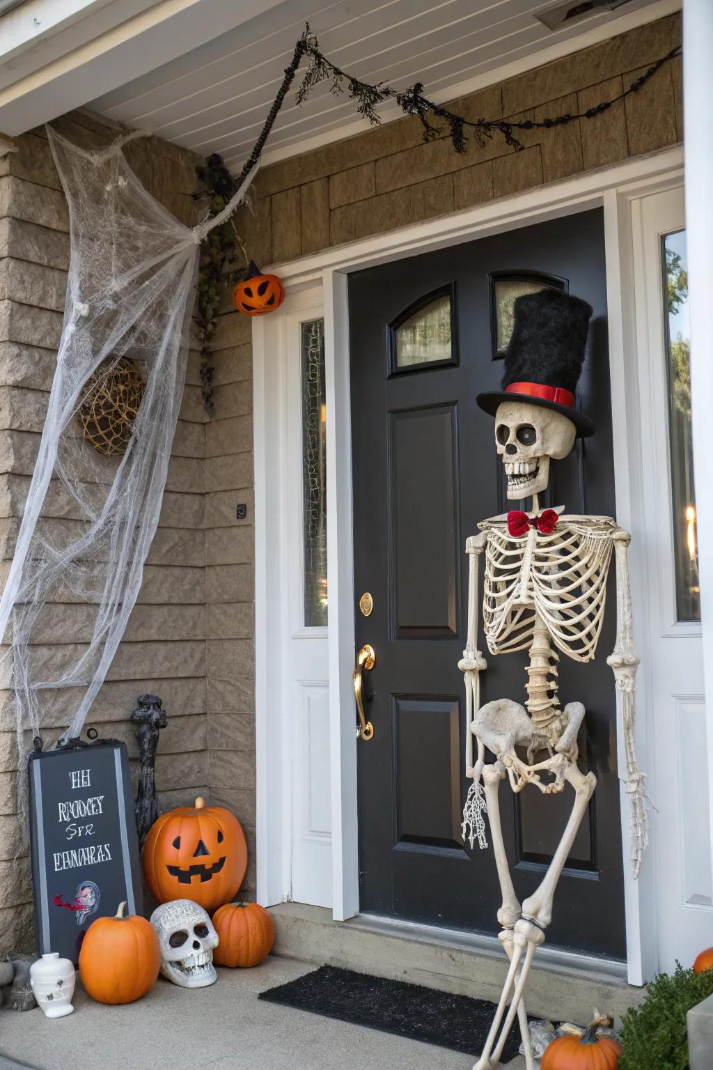 A skeleton welcomes visitors at this Halloween-themed door.