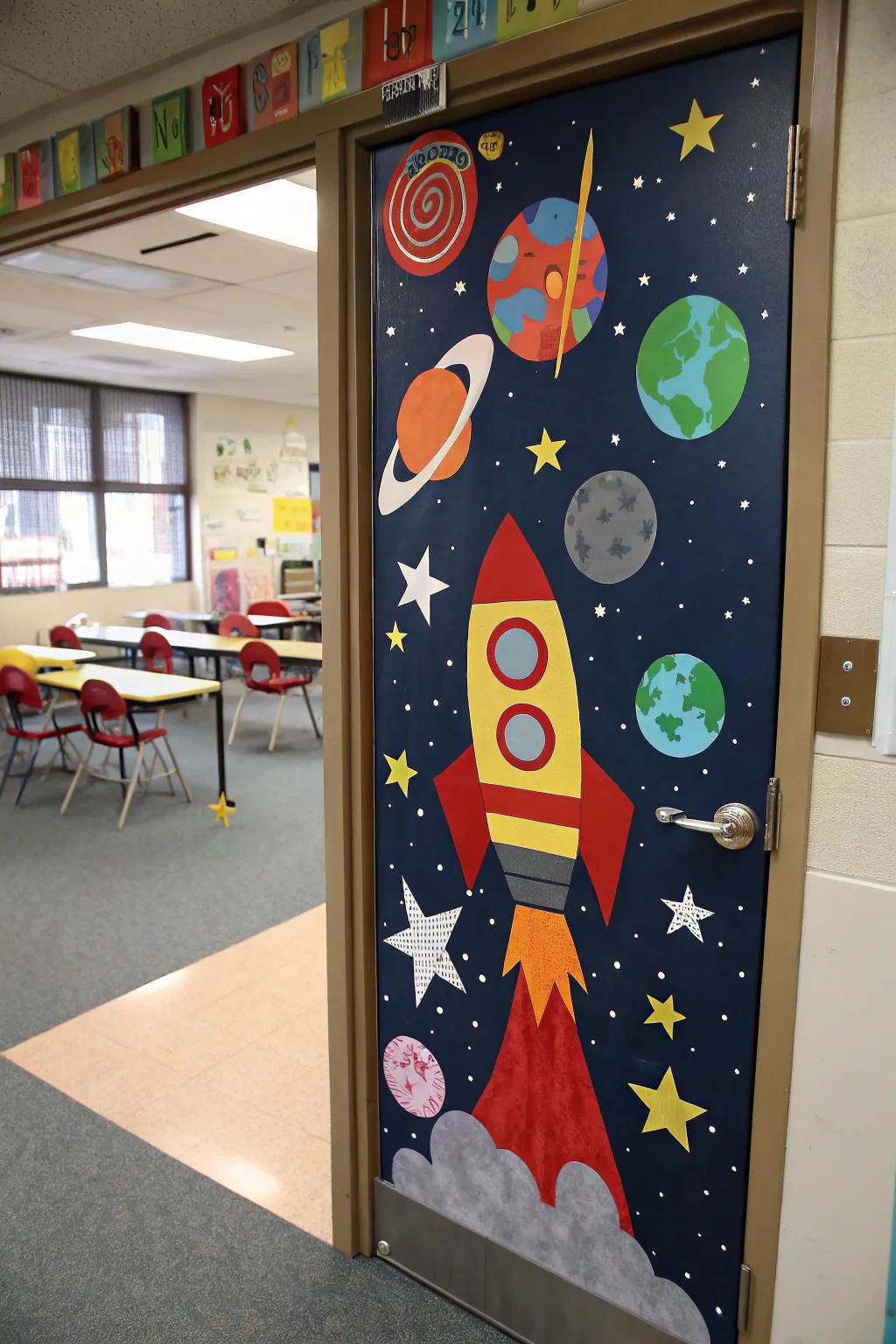 A space-themed door inviting students to explore the universe.