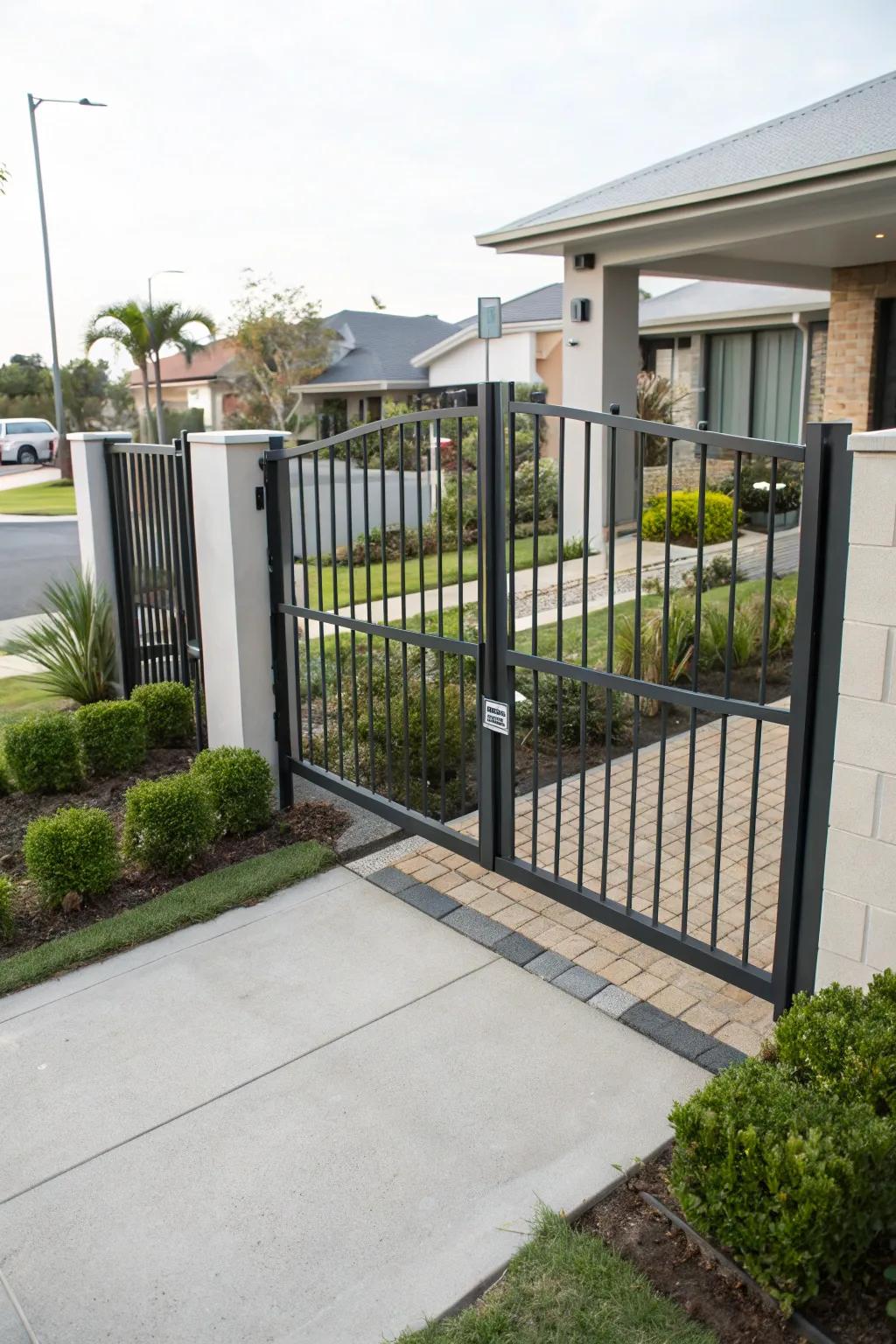 A streamlined metal double swing gate enhancing the entrance of a modern dwelling.