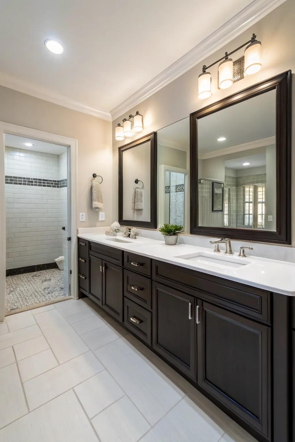 A double vanity bathroom with a neutral palette and dark cabinetry.