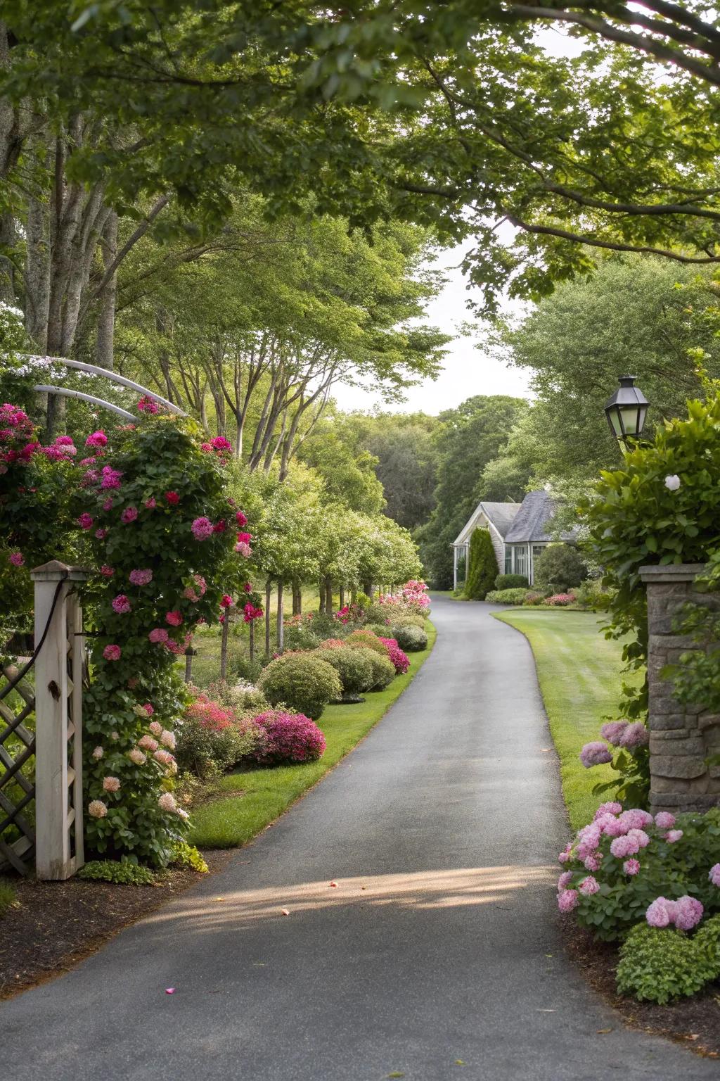 Lush greenery lines a driveway, creating a refreshing and inviting entrance.