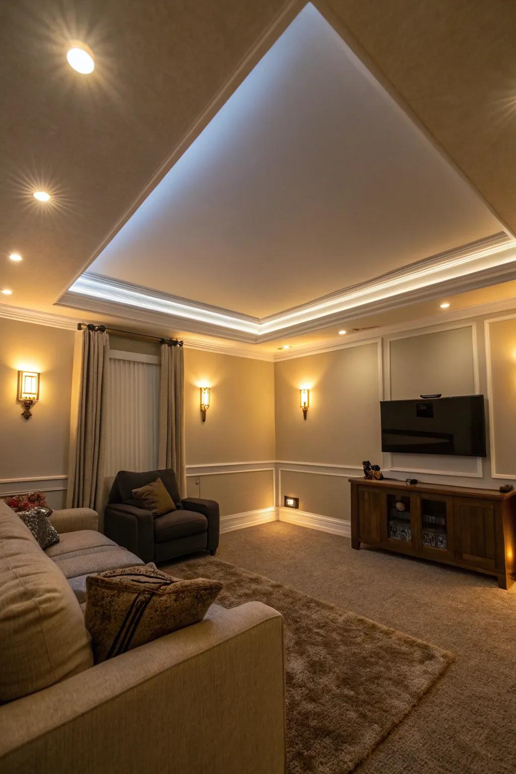 LED accents transform ceilings into ambient lighting features.