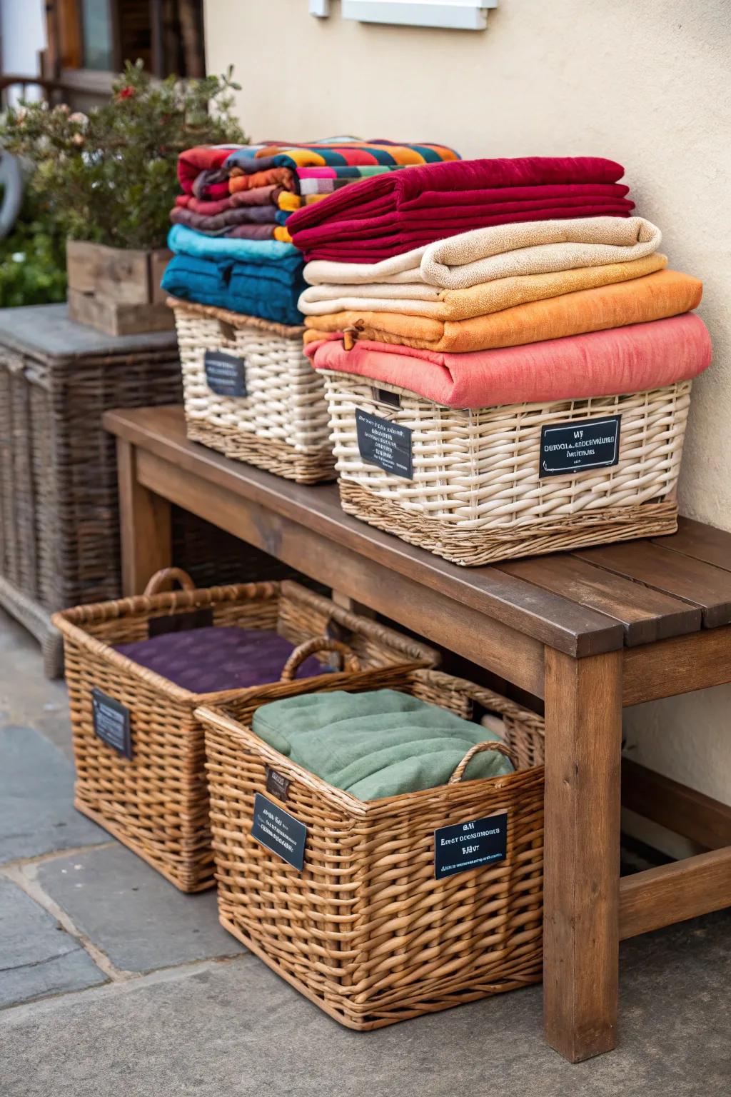 Baskets and boxes offer a rustic yet practical storage solution.