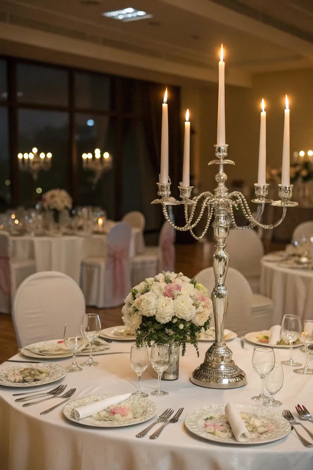 Candelabra centerpiece offers classic elegance with candlelight charm