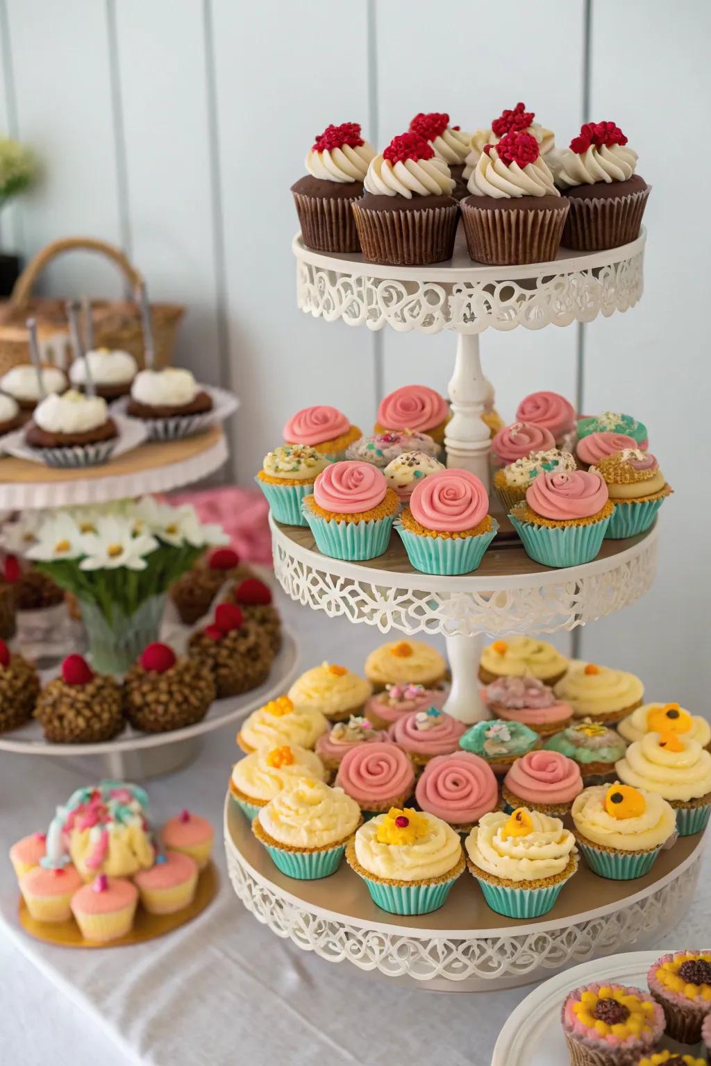 A dessert display that doubles as a visual treat, showcasing delicious cupcakes and pastries.