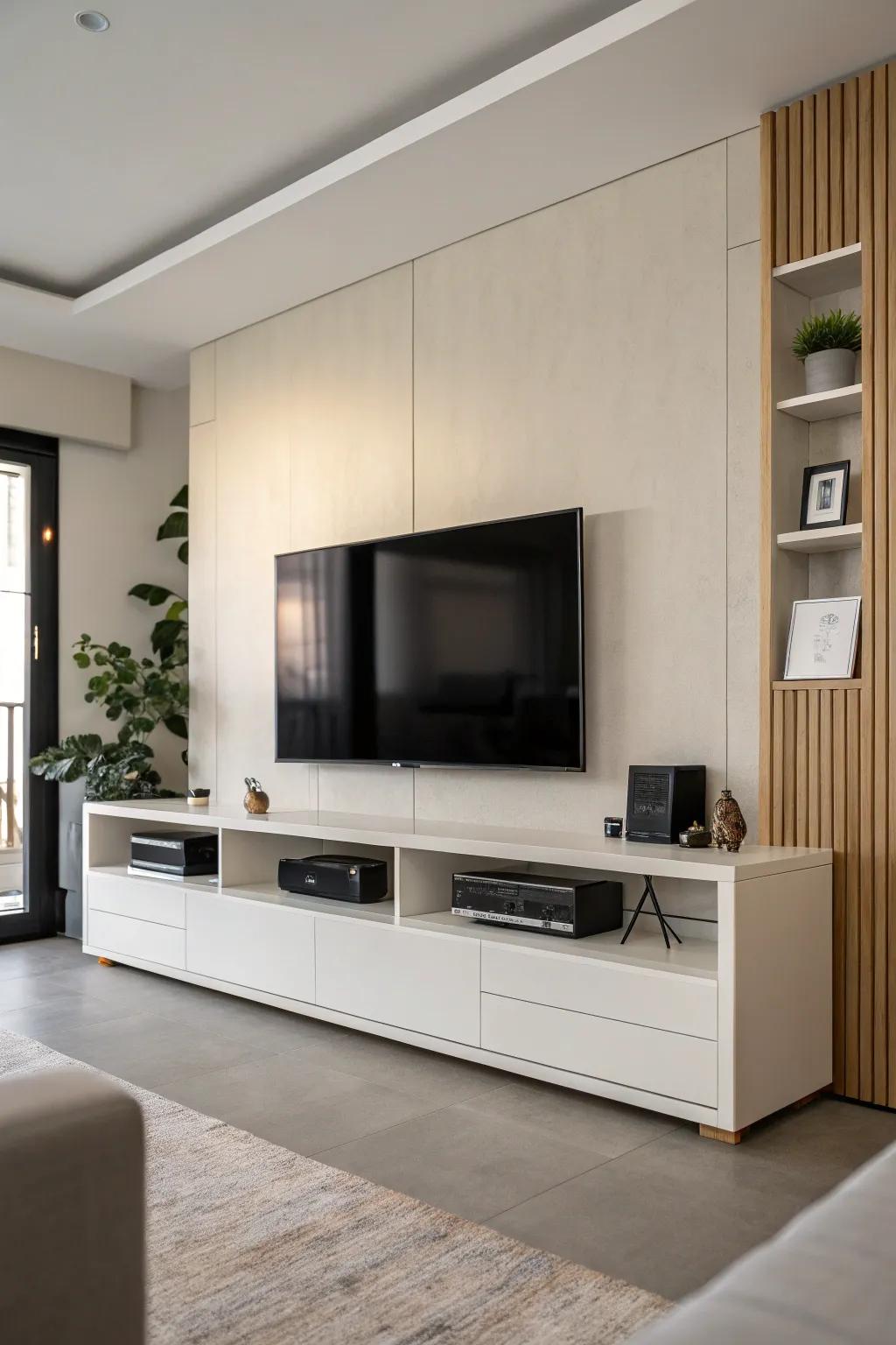 A minimalist entertainment center with sleek lines and a large TV.