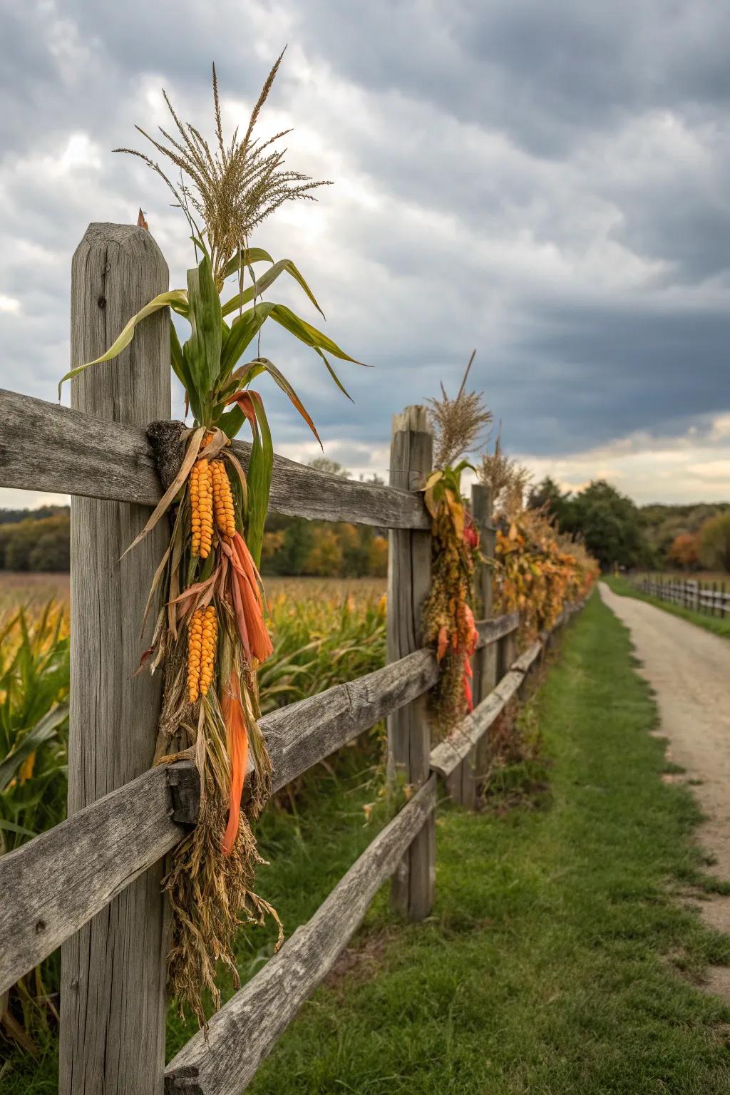 Corn stalks tied to fence posts add rustic charm to any yard.