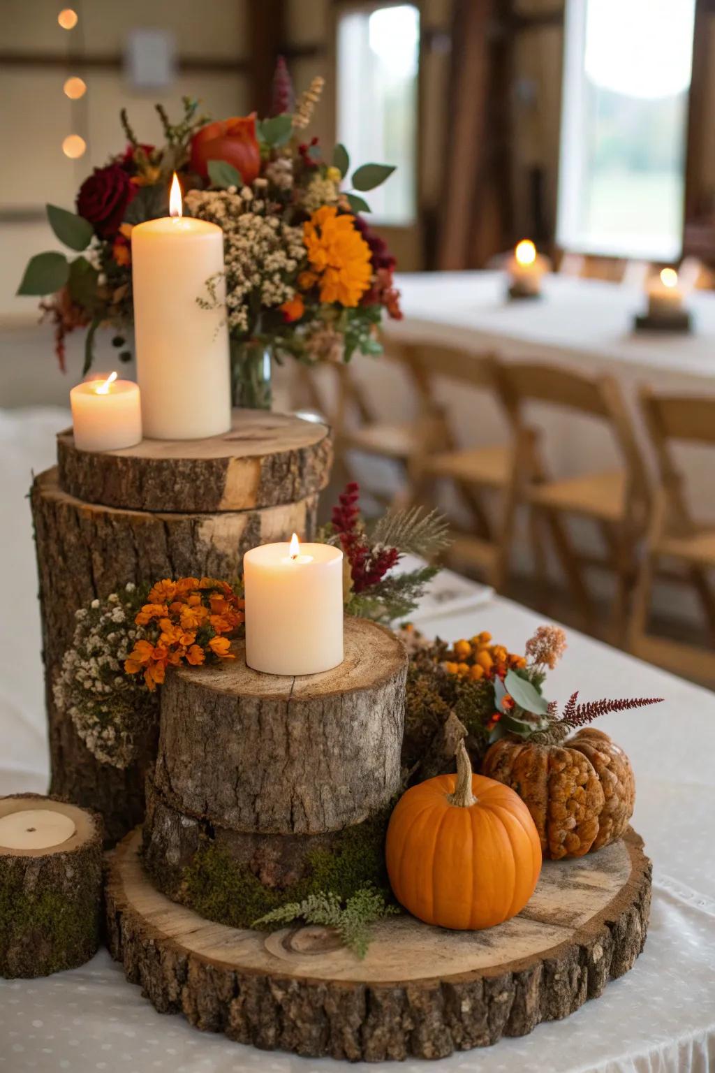 Rustic wood slices topped with candles and autumn blooms create a warm and inviting centerpiece.