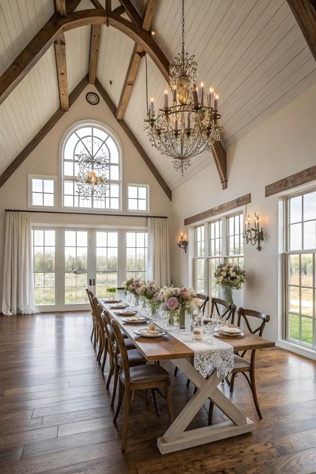 Vaulted ceilings create an open and airy atmosphere in this farmhouse dining room.