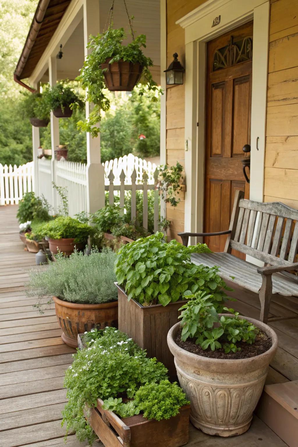 Lush greenery in planters enhances the natural beauty of your porch.