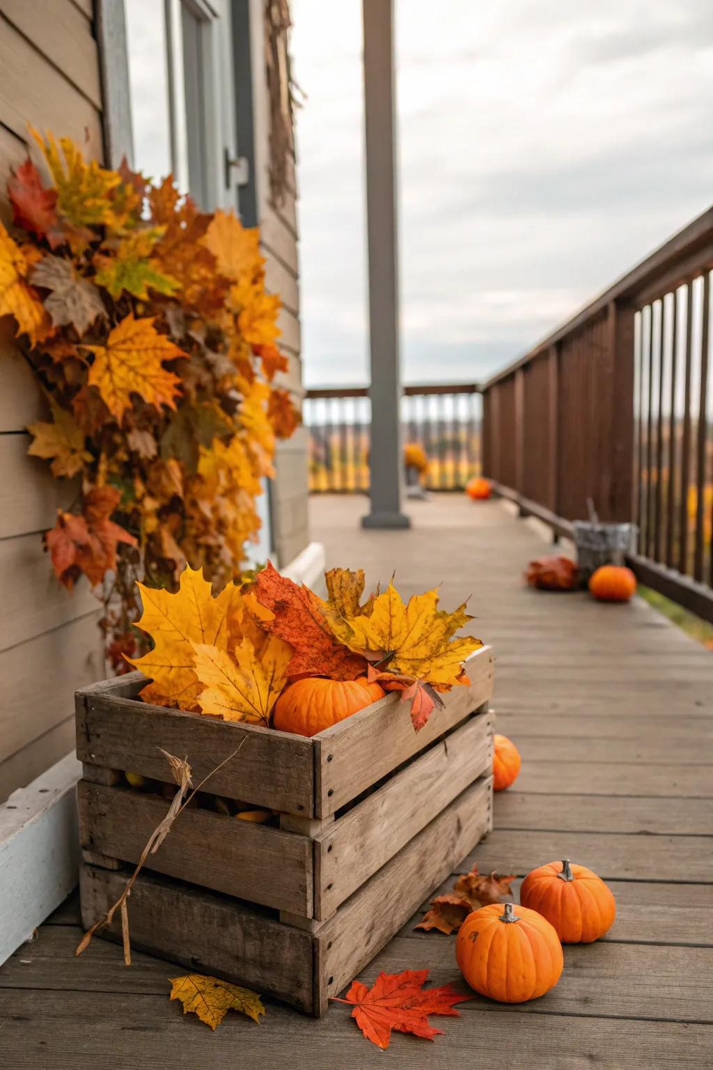 Farmhouse crate showcasing seasonal fall decor.