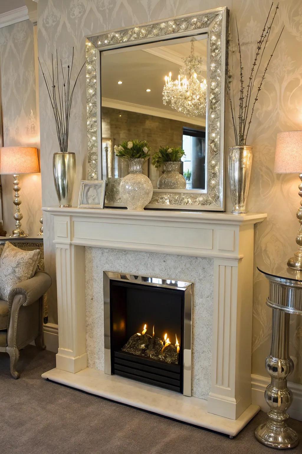 A faux fireplace featuring a stylish mirror backdrop for added depth.