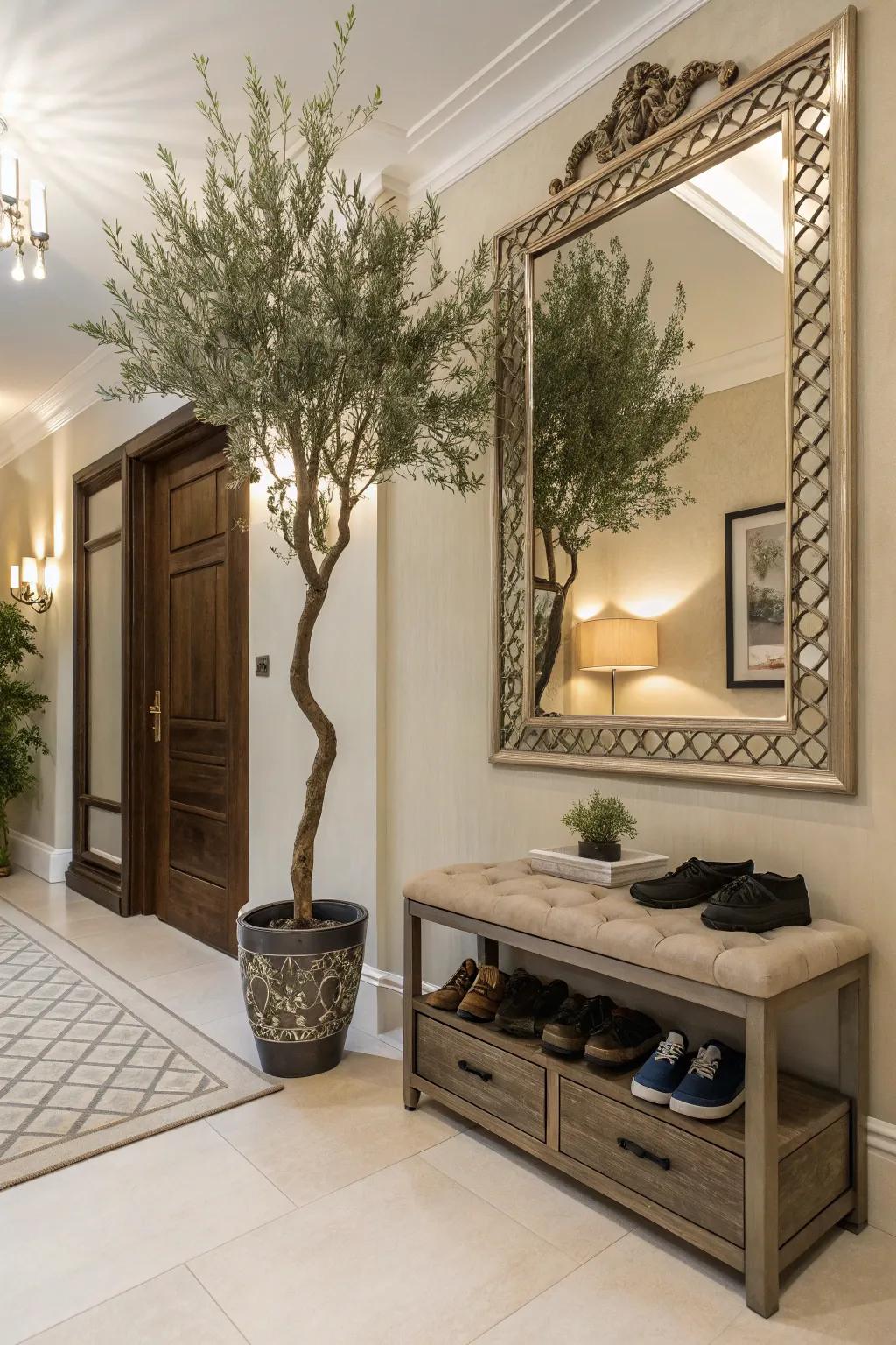 Add elegance to your entryway with a faux olive tree.