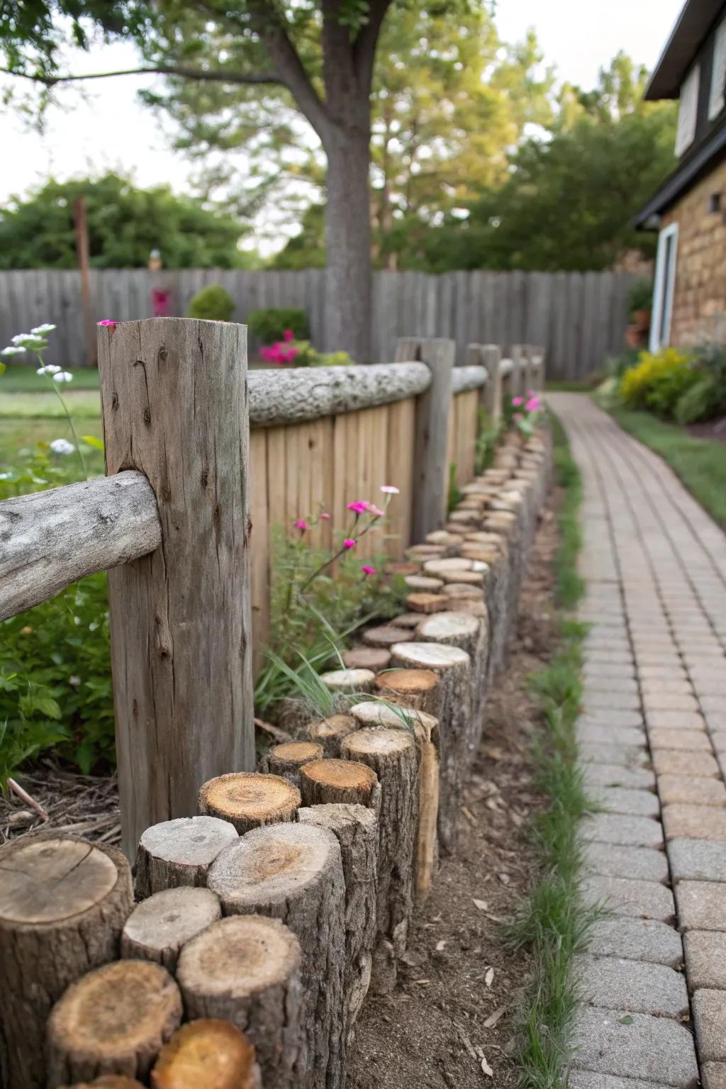 Wooden log slices create a charming rustic border.