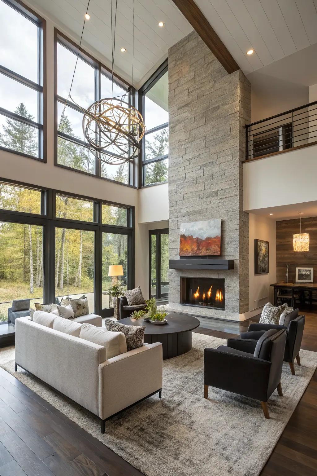 An open-concept space featuring a dual-sided fireplace, bridging the living and dining areas.