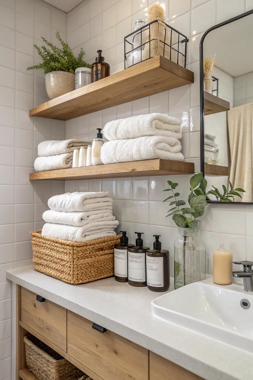 Floating shelves in the bathroom for a spa-like feel.