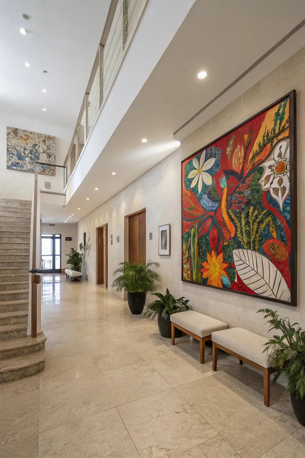 A foyer showcasing a vibrant artwork that draws immediate attention.