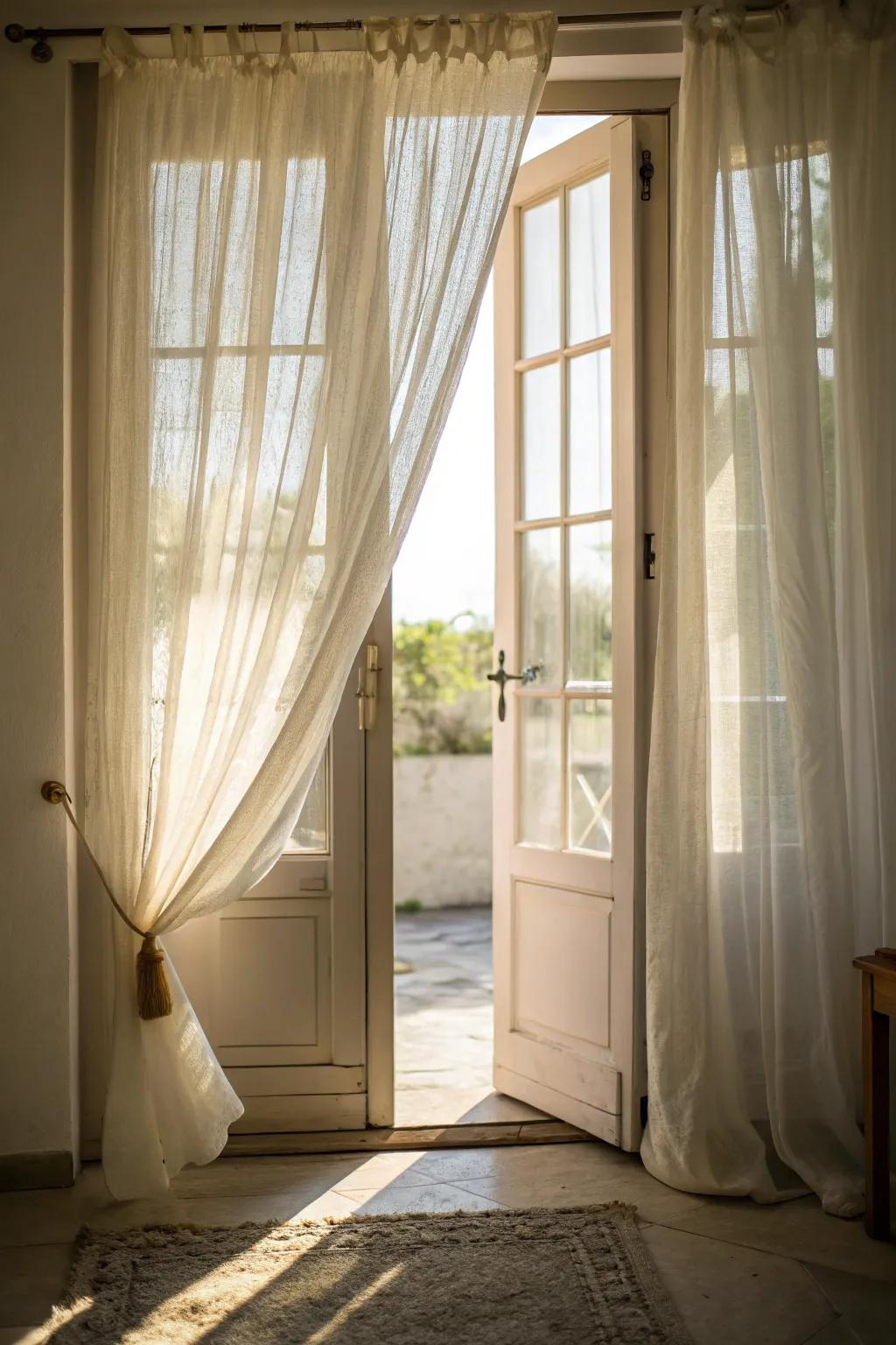 Sheer curtains letting in natural light, creating an airy entryway.