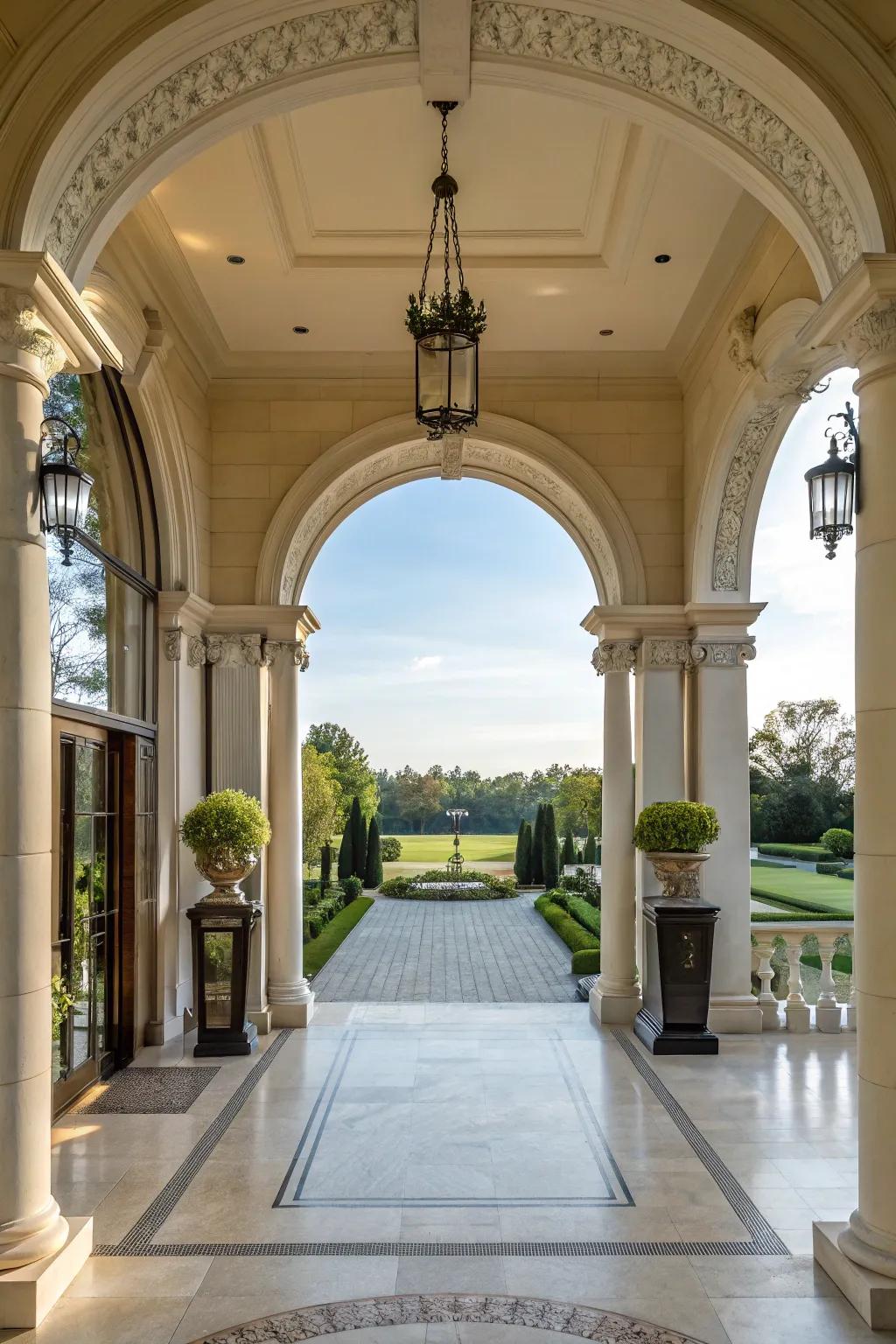 Pillars and arches add an element of grandeur to this front entrance.